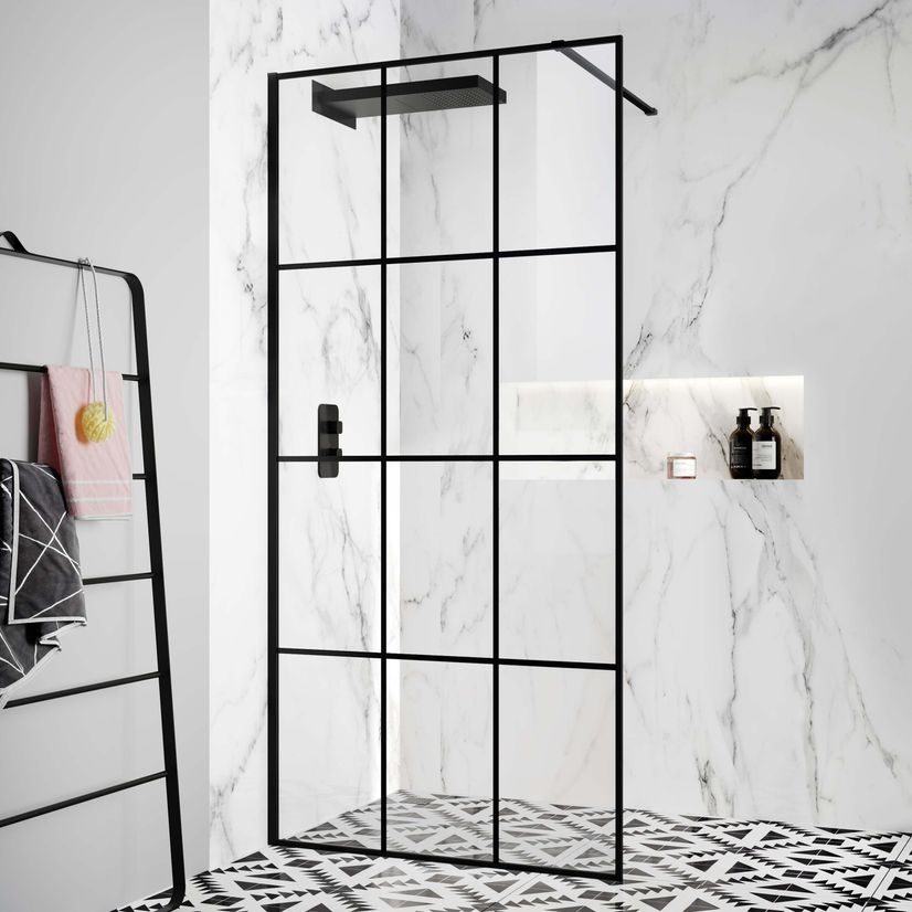 Munich Matt Black Crittall Style Easy Clean 8mm Wet Room Shower Glass Panel 1000mm
