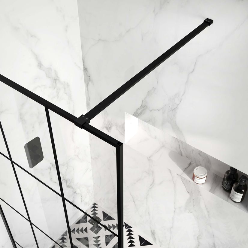 Munich Matt Black Crittall Style Easy Clean 8mm Wet Room Shower Glass Panel 1000mm