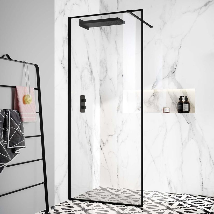 Munich Matt Black Framed Easy Clean 8mm Wet Room Shower Glass Panel 700mm