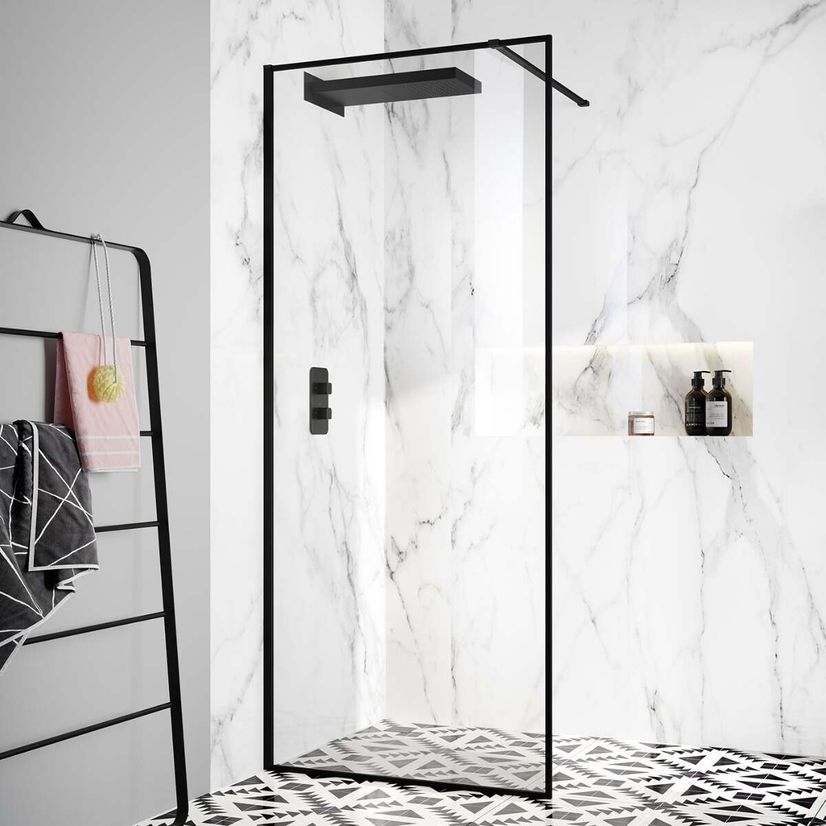 Munich Matt Black Framed Easy Clean 8mm Wet Room Shower Glass Panel - Various Sizes