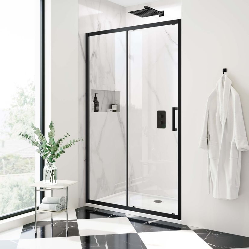 Hamburg Matt Black Easy Clean 8mm Sliding Shower Door 1200mm - Easy Fix Feature