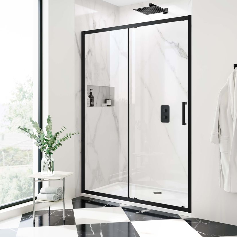 Hamburg Matt Black Easy Clean 8mm Sliding Shower Door 1400mm - Easy Fix Feature