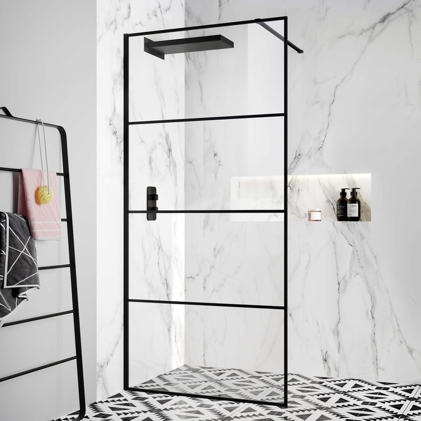 Munich Matt Black Grid Easy Clean 8mm Wet Room Shower Glass Panel 1100mm