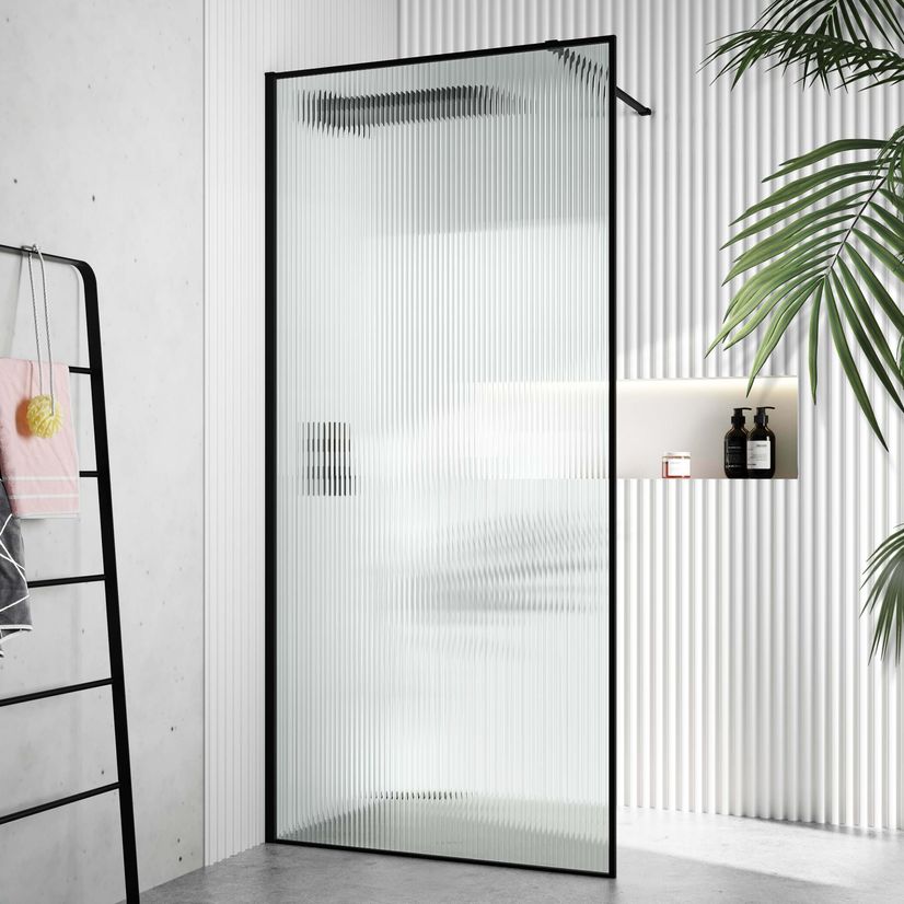 Munich Fluted Effect Matt Black Framed Easy Clean 8mm Wet Room Shower Glass Panel 1000mm