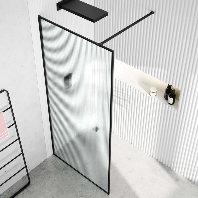 Munich Fluted Effect Matt Black Framed Easy Clean 8mm Wet Room Shower Glass Panel 1000mm