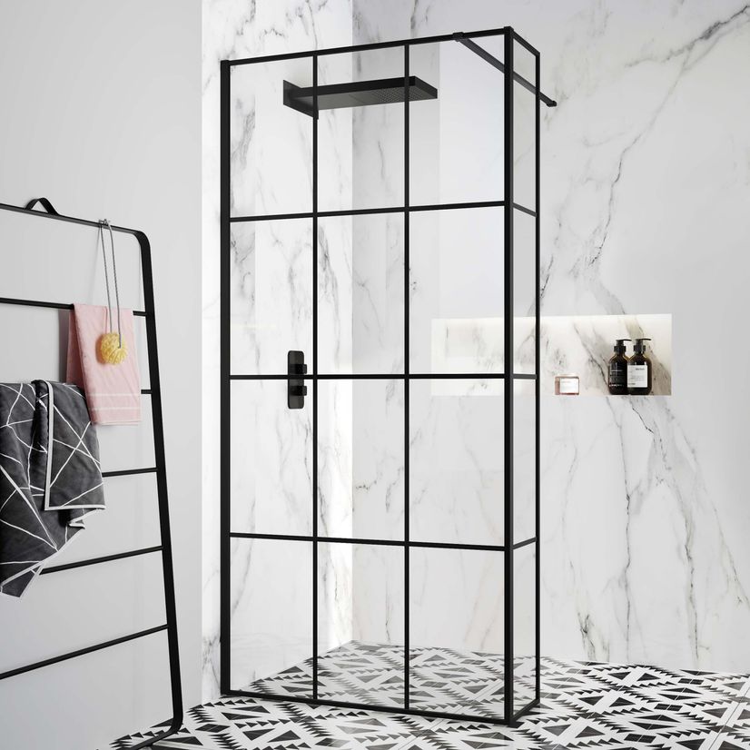 Munich Matt Black Grid Easy Clean 8mm Wet Room Shower Glass Return Panel 250mm