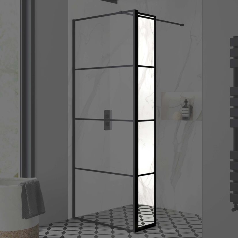 Munich Matt Black Grid Easy Clean 8mm Pivotal Wet Room Shower Glass Return Panel 250mm