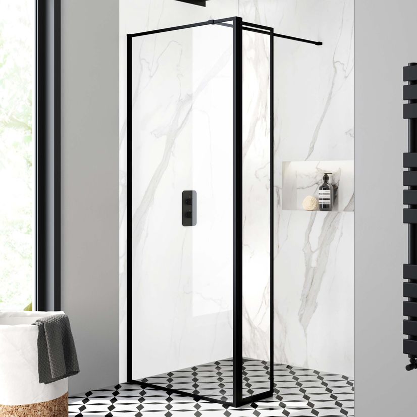 Munich Matt Black Framed Easy Clean 8mm Pivotal Wet Room Shower Glass Return Panel 250mm