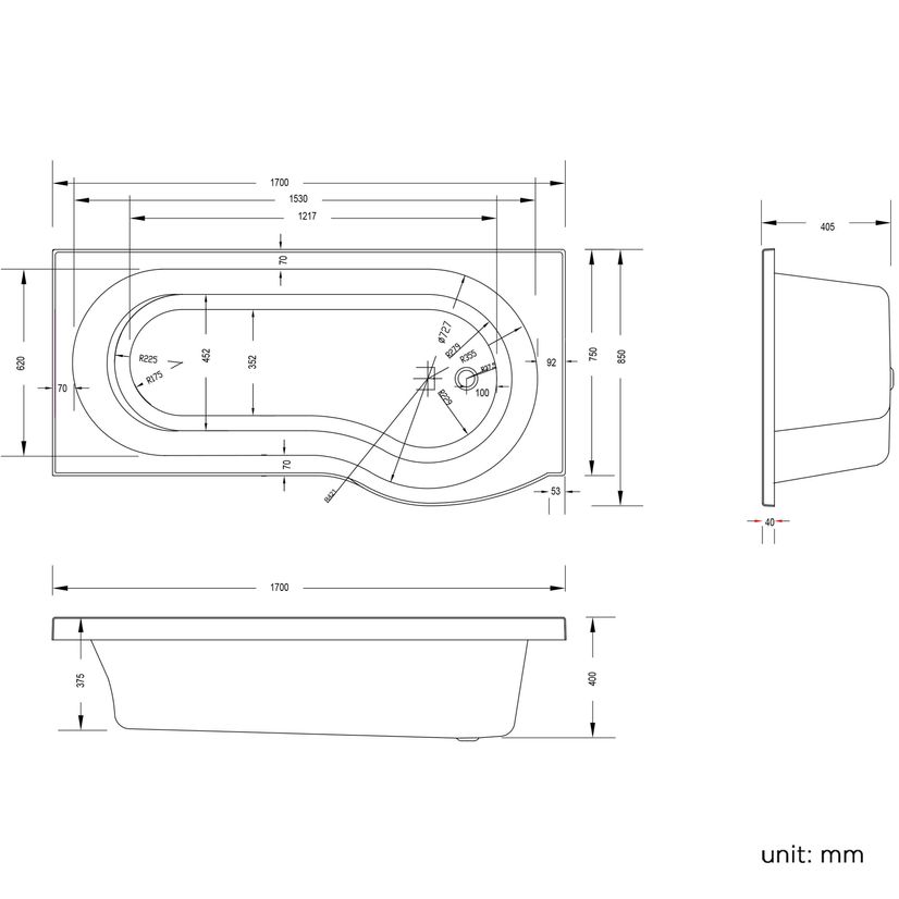 P Shaped 1700mm Shower Bath With Front Panel & 4mm Screen With Rail - Right Handed