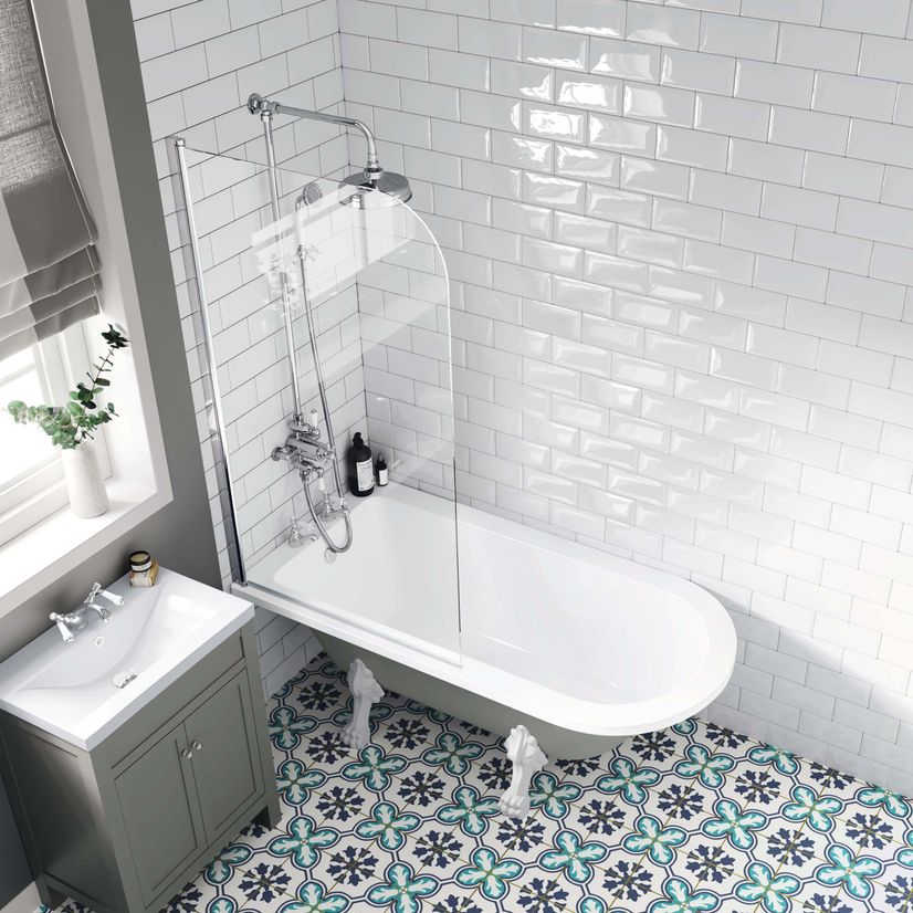 Abingdon 1500mm Dove Grey Roll Top Shower Bath - White Claw Feet & 6mm Easy Clean Screen