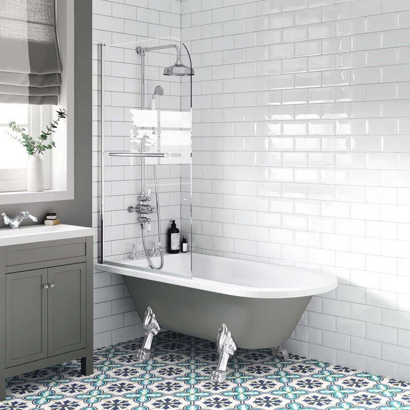 Abingdon 1500mm Dove Grey Roll Top Shower Bath - Chrome Claw Feet & 6mm Easy Clean Screen With Rail