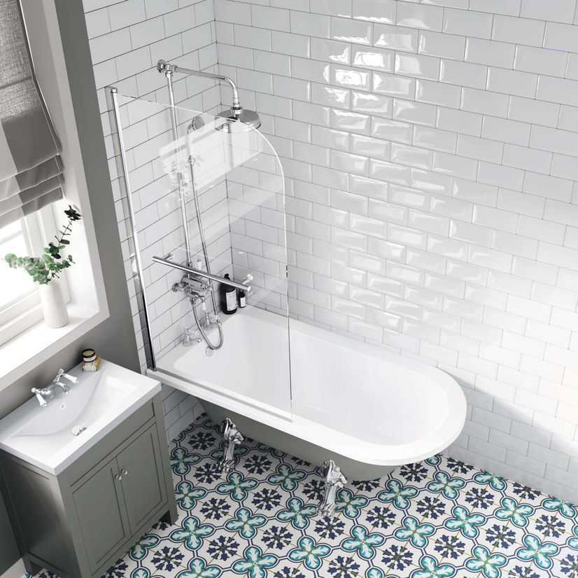 Abingdon 1500mm Dove Grey Roll Top Shower Bath - Chrome Claw Feet & 6mm Easy Clean Screen With Rail