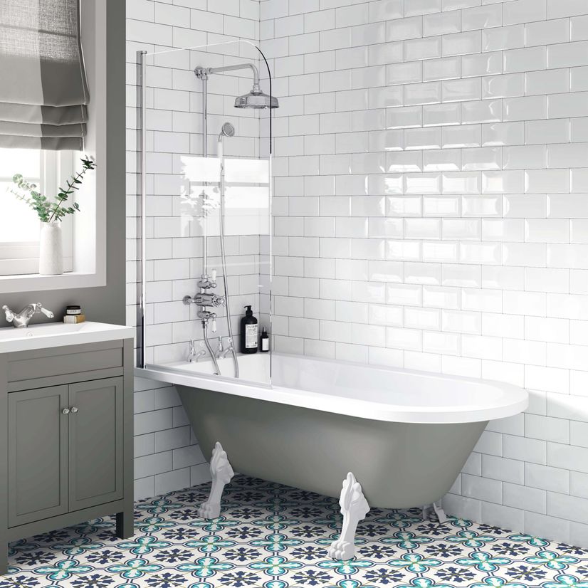 Abingdon 1700mm Dove Grey Roll Top Shower Bath - White Claw Feet & 6mm Easy Clean Screen