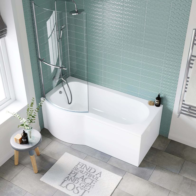 P Shaped 1600mm Shower Bath With Front Panel & 4mm Screen With Rail - Left Handed