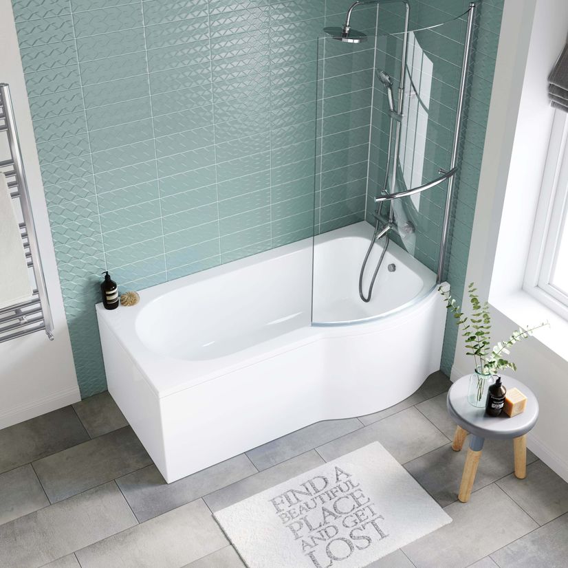 P Shaped 1600mm Shower Bath With Front Panel & 4mm Screen With Rail - Right Handed