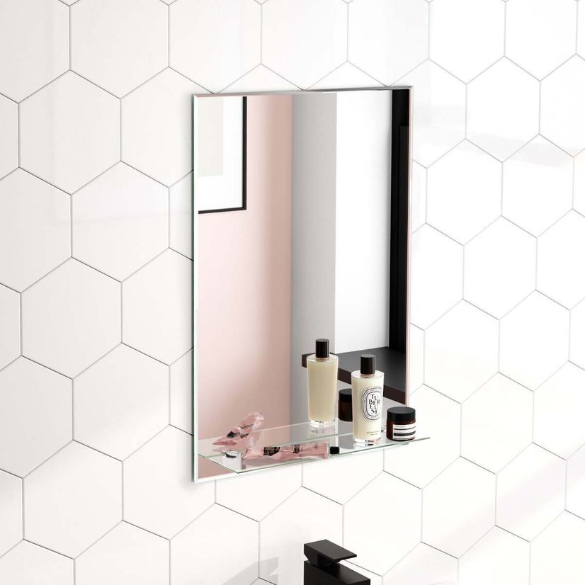 Ava Bevelled Edge Cloakroom Mirror With Glass Shelf 600x400mm