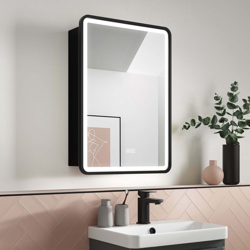 Olivia Black Framed Illuminated LED Mirror Cabinet With BLUETOOTH Speaker 710x500mm