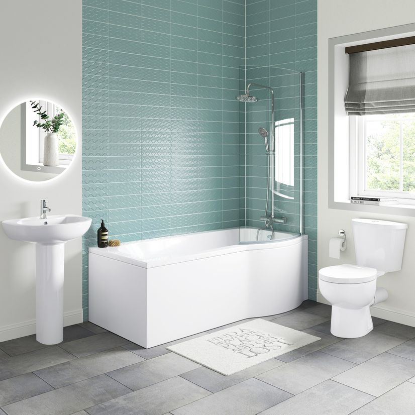 Austin Basin & Toilet Set with 1700mm P Shaped Shower Bath Suite - Right Handed