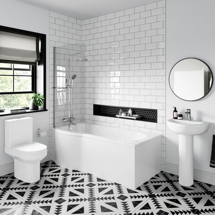 Denver Basin & Toilet Set with 1700mm P Shaped Shower Bath Suite - Left Handed