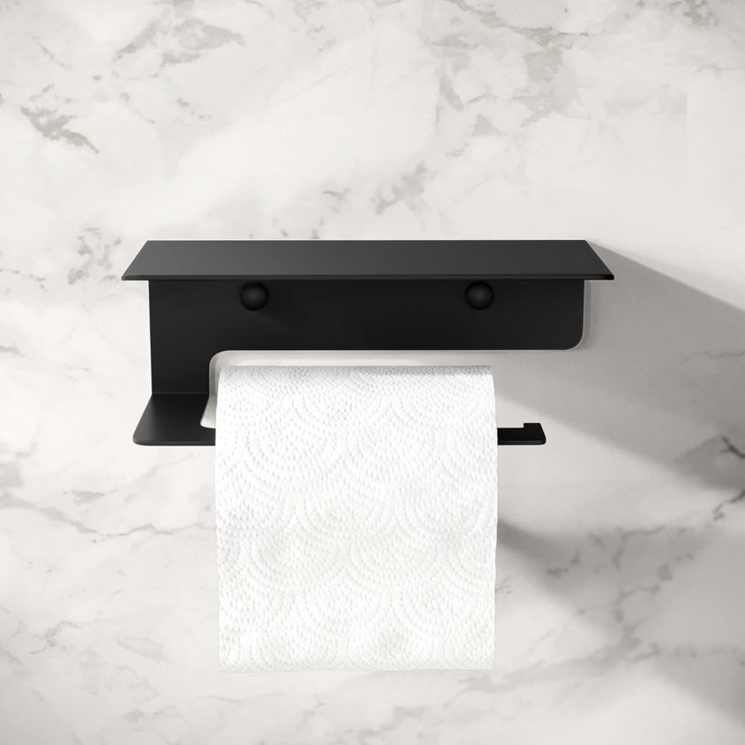 Remi Easy Fix Matt Black Toilet Roll Holder with Shelf