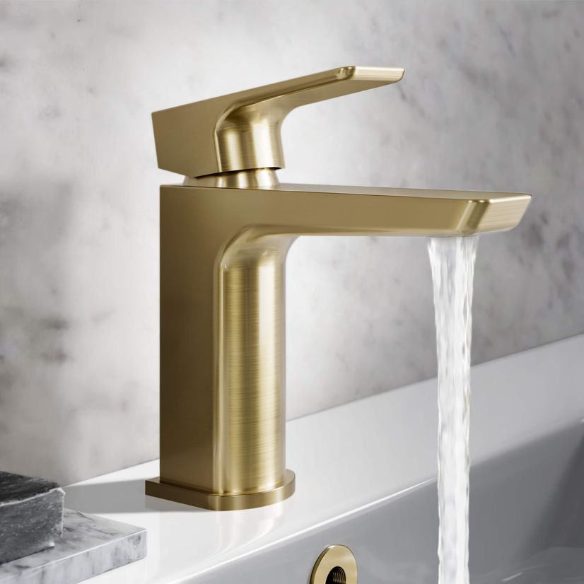Soar Brushed Brass Basin & Shower Bath Mixer Tap Set