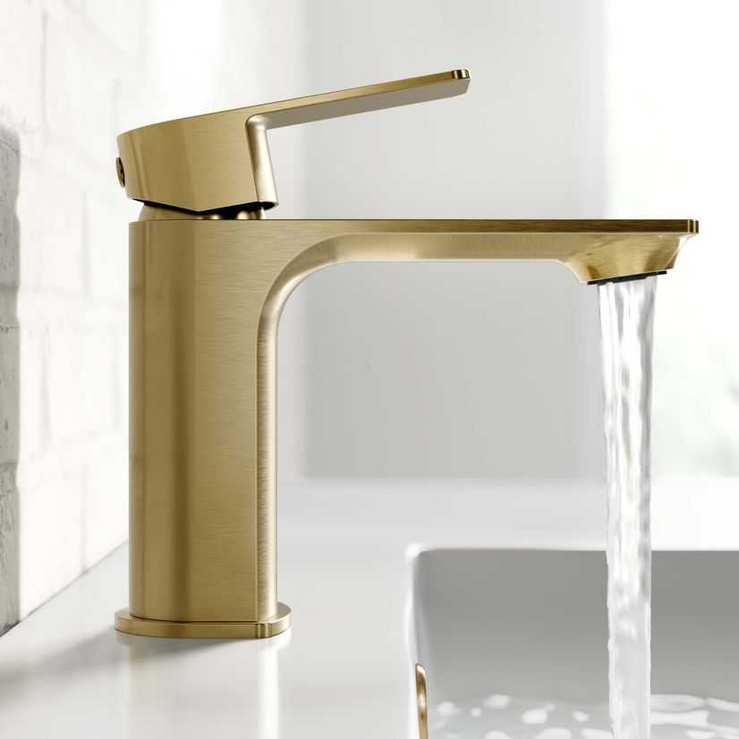Lune Brushed Brass Basin & Shower Bath Mixer Tap Set