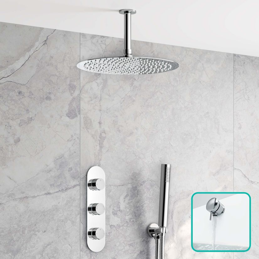 Ballina Premium Ceiling Chrome Round Thermostatic Bath Filler Shower Set - 300mm Head & Hand Shower