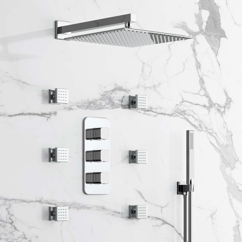 Galway Premium Chrome Square Thermostatic Set - 300mm Head, Hand Shower & Body Jets