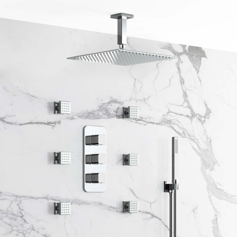 Galway Premium Ceiling Chrome Square Thermostatic Set - 300mm Head, Hand Shower & Jets