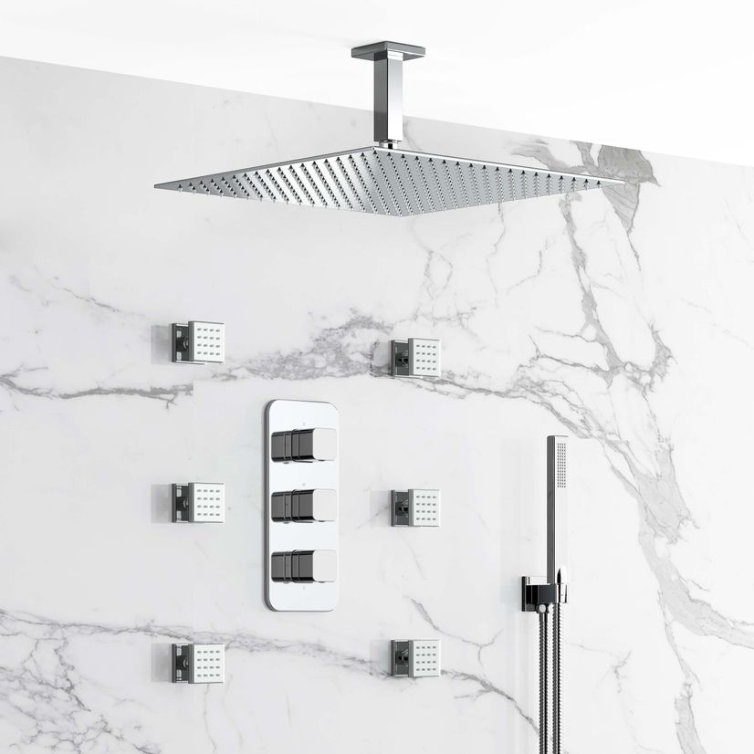 Galway Premium Ceiling Chrome Square Thermostatic Set - 400mm Head, Hand Shower & Jets