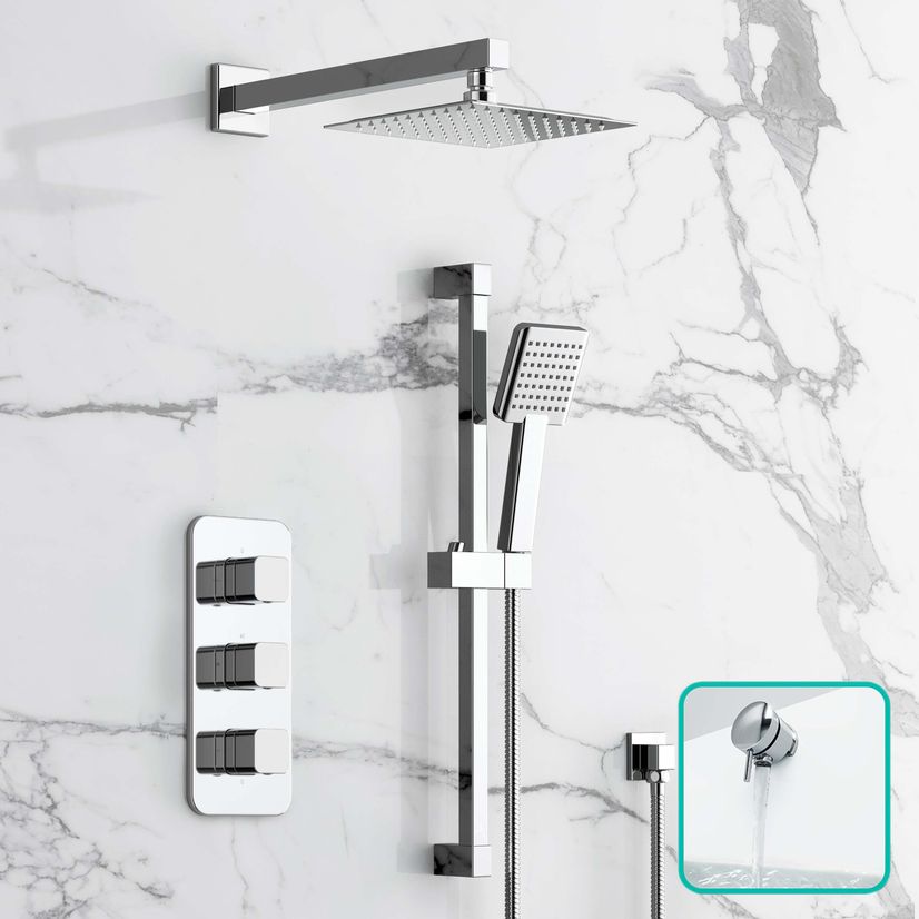 Galway Premium Chrome Square Thermostatic Bath Filler Shower Set - 200mm Head & Slider Shower