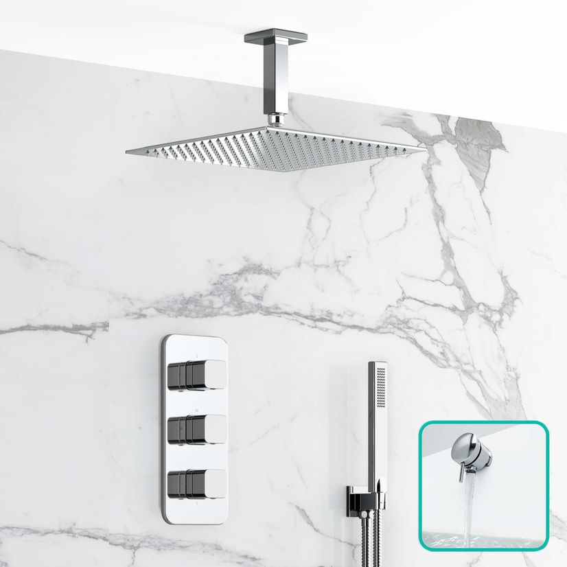 Galway Premium Ceiling Chrome Square Thermostatic Bath Filler Shower Set - 300mm Head & Hand Shower