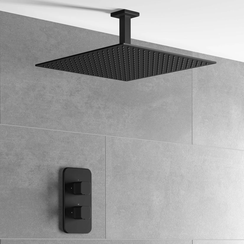 Galway Premium Ceiling Matt Black Square Thermostatic Shower Set - 400mm Head