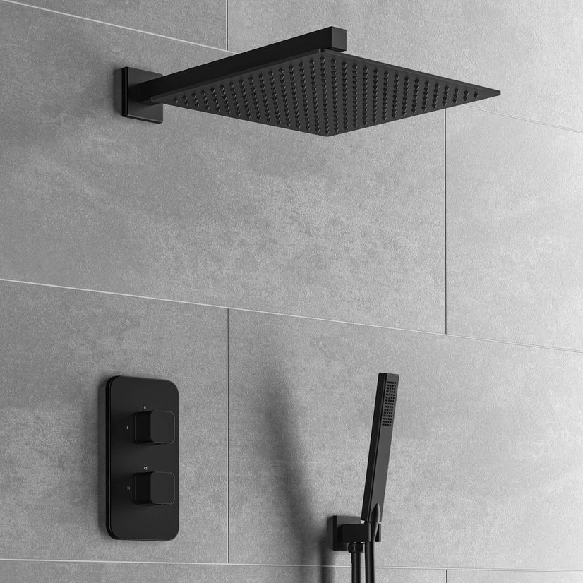 Galway Premium Matt Black Square Thermostatic Shower Set - 300mm Head & Hand Shower