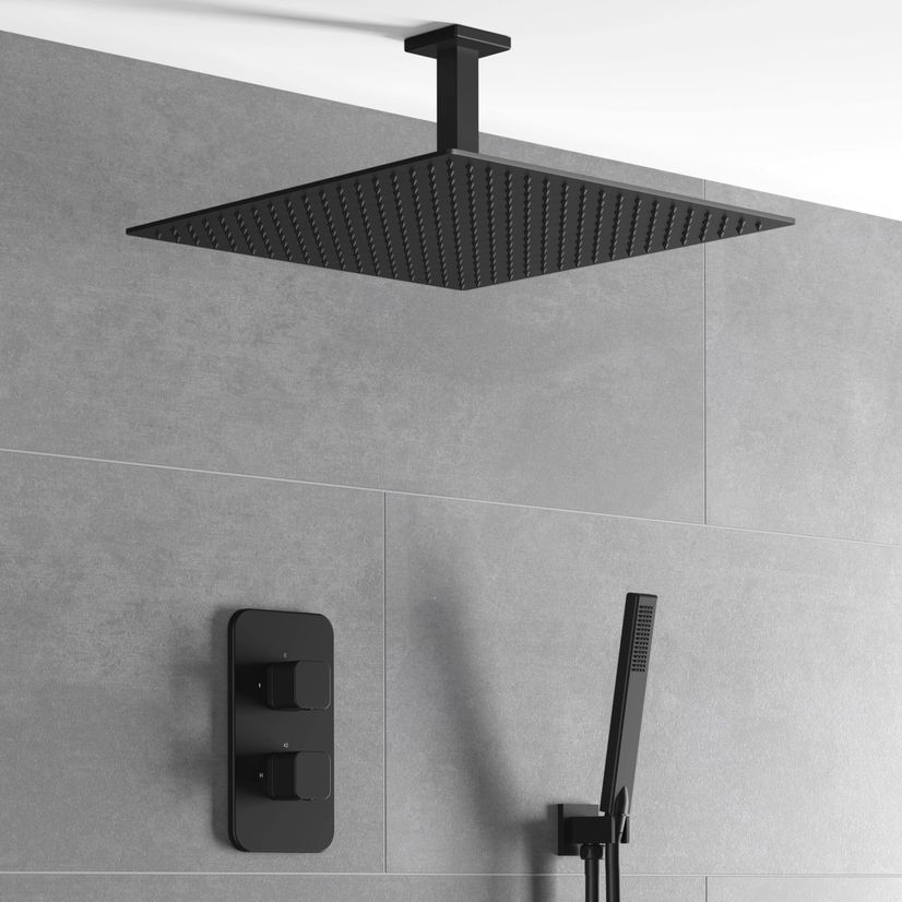 Galway Premium Ceiling Matt Black Square Thermostatic Shower Set - 400mm Head & Hand Shower