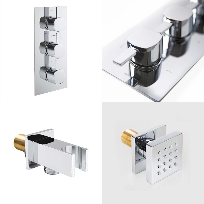 Chrome Square Thermostatic Set - 200mm Head, Hand Shower & Body Jets