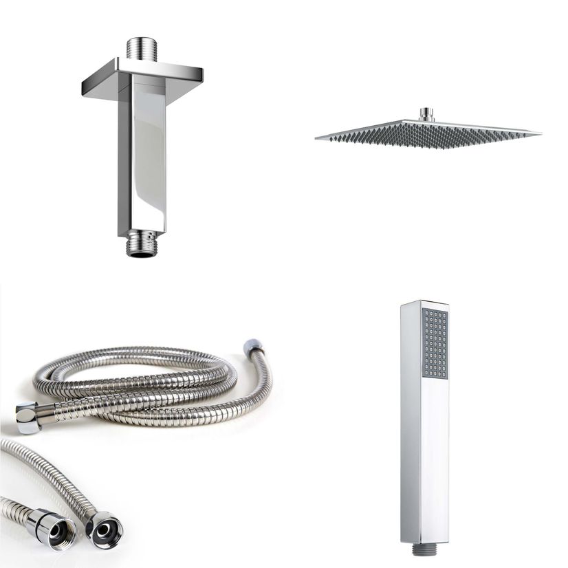 Ceiling Chrome Square Thermostatic Set - 300mm Head, Hand Shower & Jets