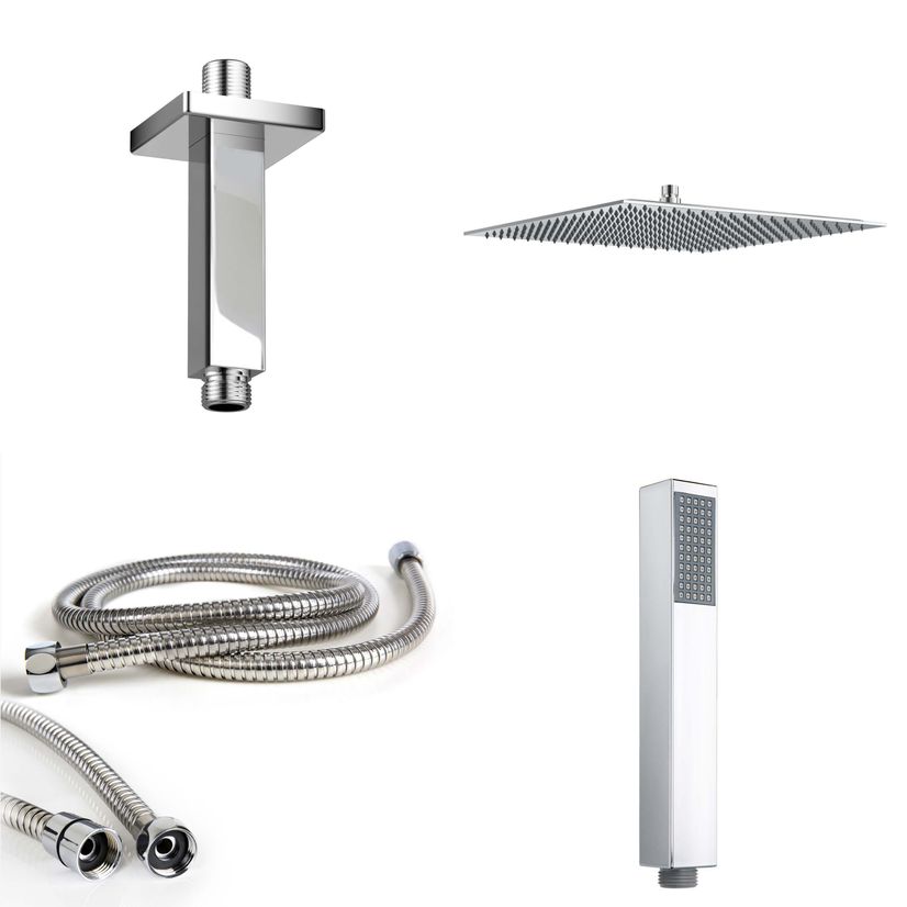 Ceiling Chrome Square Thermostatic Set - 400mm Head, Hand Shower & Jets