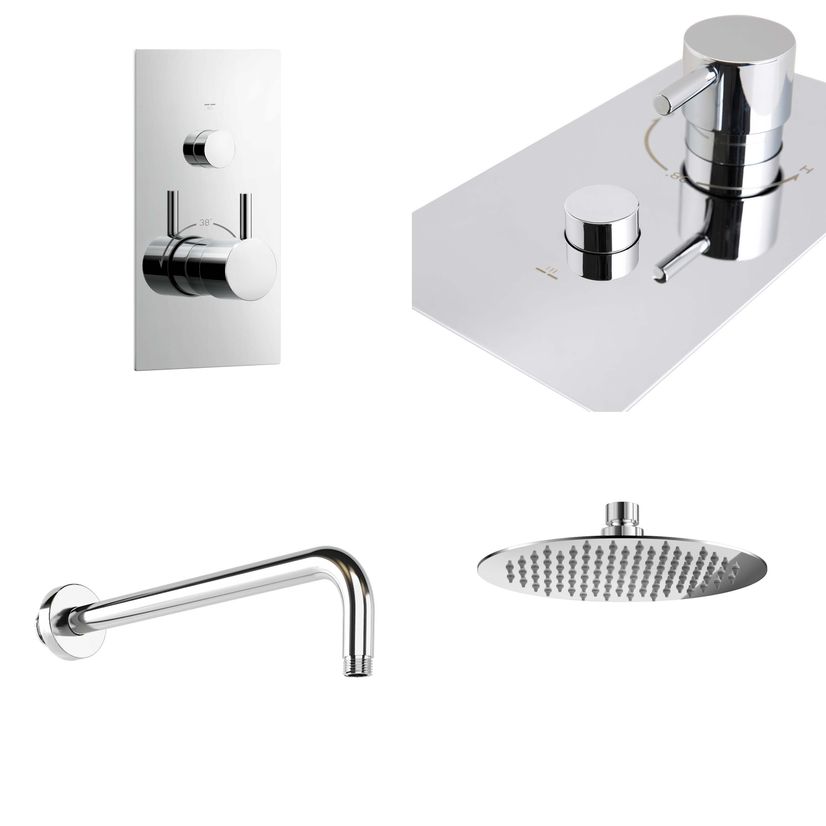 Chrome Round Push Button Thermostatic Shower Set - 200mm Head