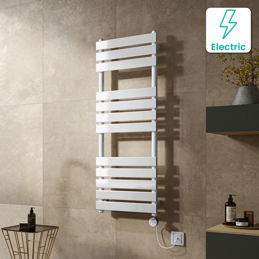 Santorini Electric White Flat Panel Heated Towel Rail 1200x450mm