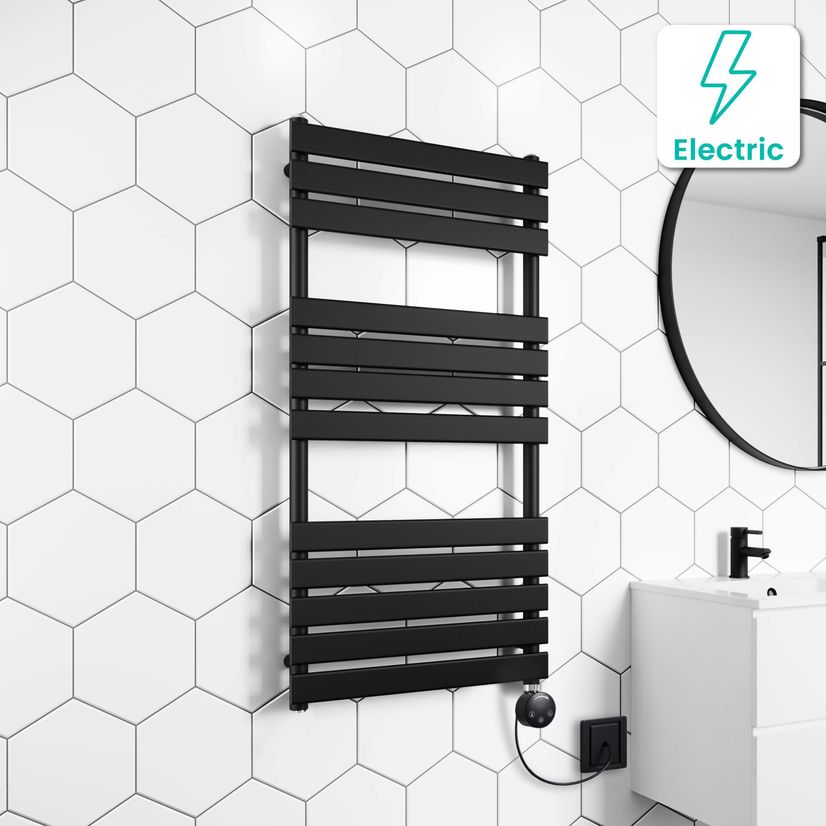 Santorini Electric Matt Black Flat Panel Heated Towel Rail 1200x600mm