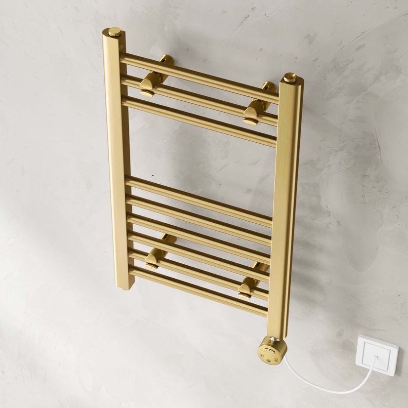 Barcelona Electric Brushed Brass Straight Heated Towel Rail 650x400mm
