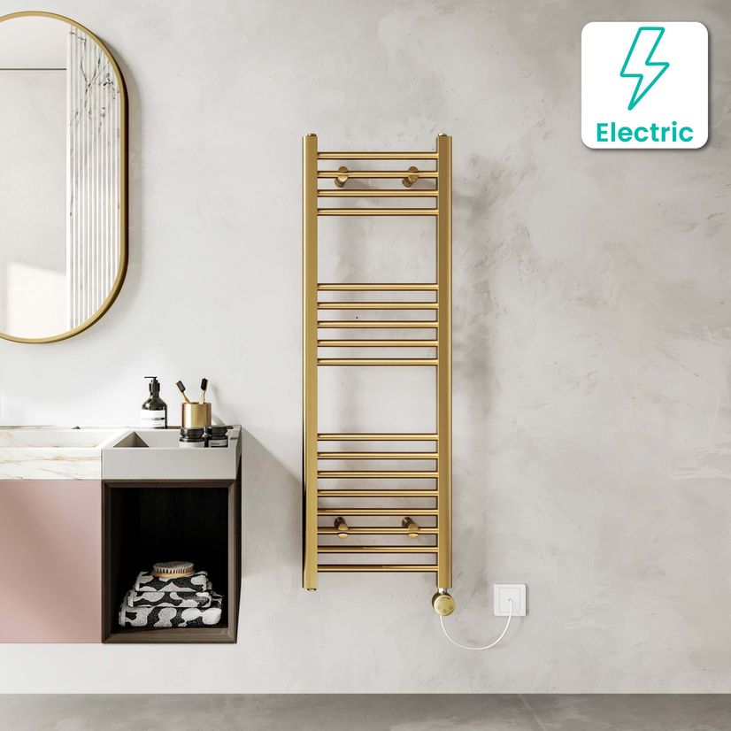 Barcelona Electric Brushed Brass Straight Heated Towel Rail 1200x400mm