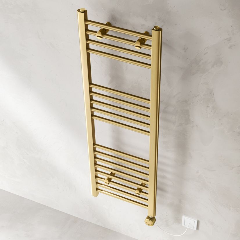Barcelona Electric Brushed Brass Straight Heated Towel Rail 1200x400mm