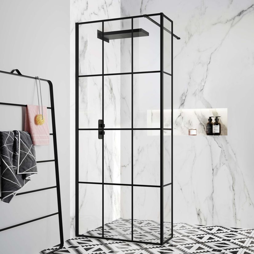Munich Matt Black Crittall Style 8mm Wet Room Shower Glass 800mm & 250mm Return Panel