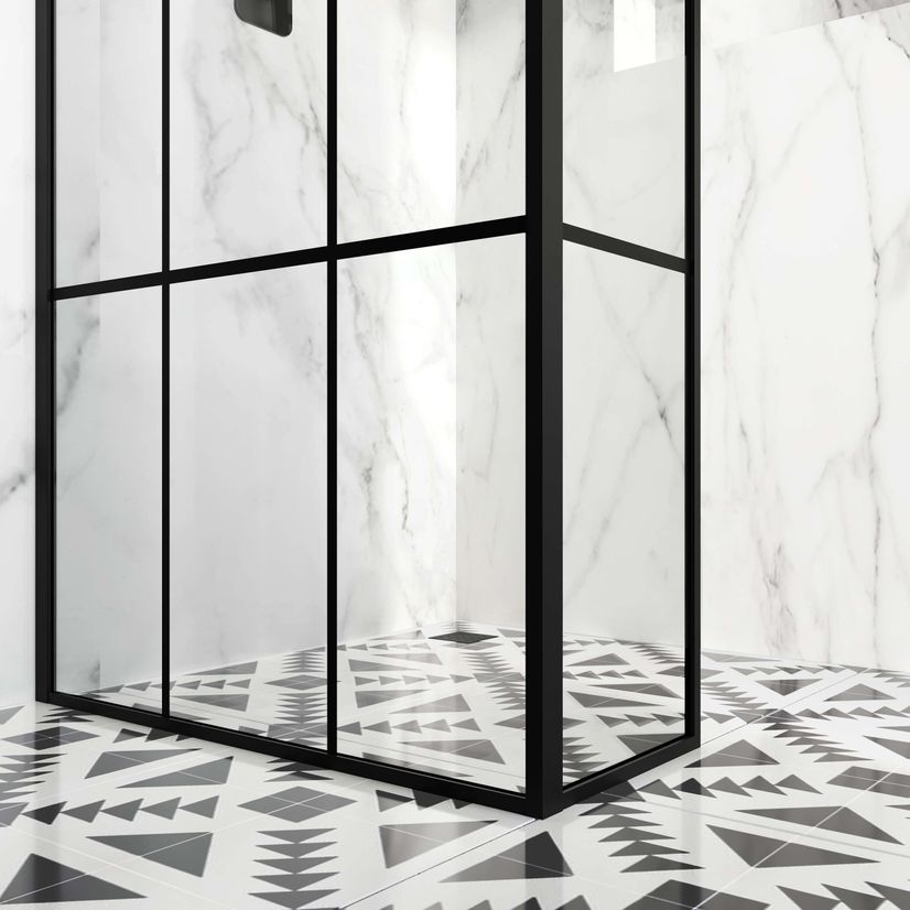 Munich Matt Black Crittall Style 8mm Wet Room Shower Glass 700mm & 250mm Return Panel