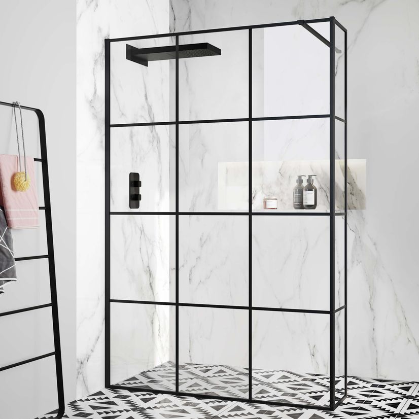 Munich Matt Black Crittall Style 8mm Wet Room Shower Glass 1400mm & 250mm Return Panel