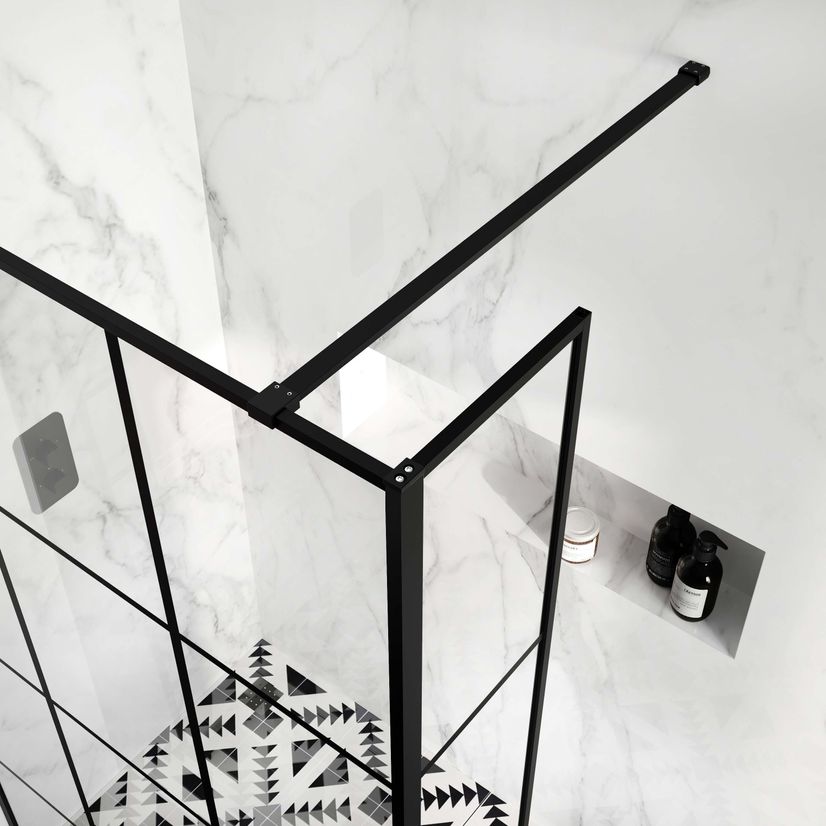 Munich Matt Black Crittall Style 8mm Wet Room Shower Glass 1400mm & 250mm Return Panel