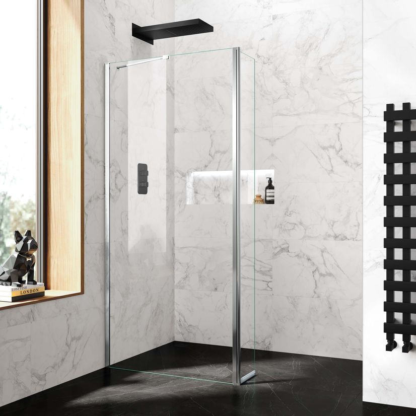 Copenhagen Easy Clean 8mm Wet Room Shower Glass 900mm & 250mm Pivotal Return Panel