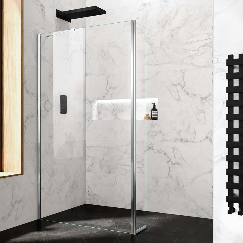 Copenhagen Easy Clean 8mm Wet Room Shower Glass 1100mm & 250mm Pivotal Return Panel